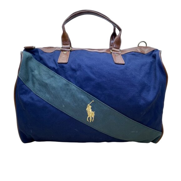 Ralph Lauren Fragrances Navy Canvas Green Stripe & Leather Handles Duffel Bag - Picture 1 of 11